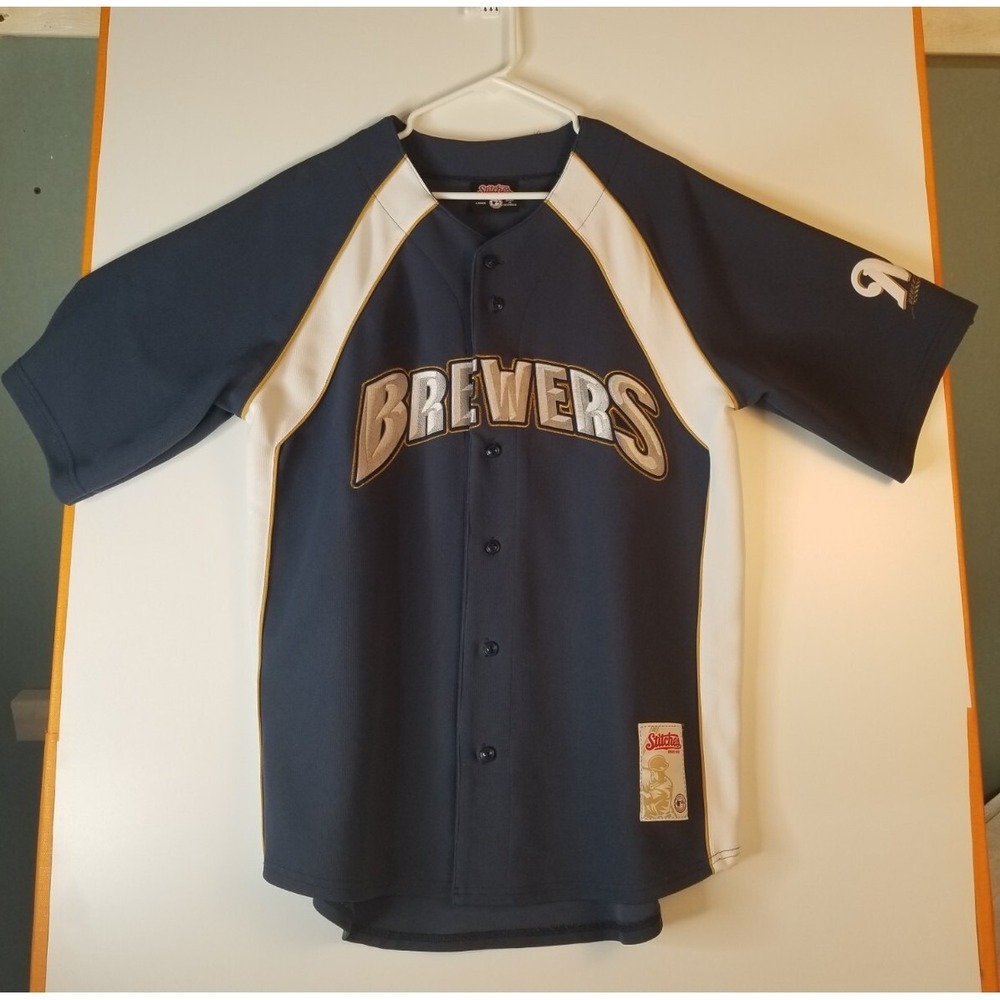 Milwaukee Brewers Baseball Stitches Jersey Men's Size Large White Blue